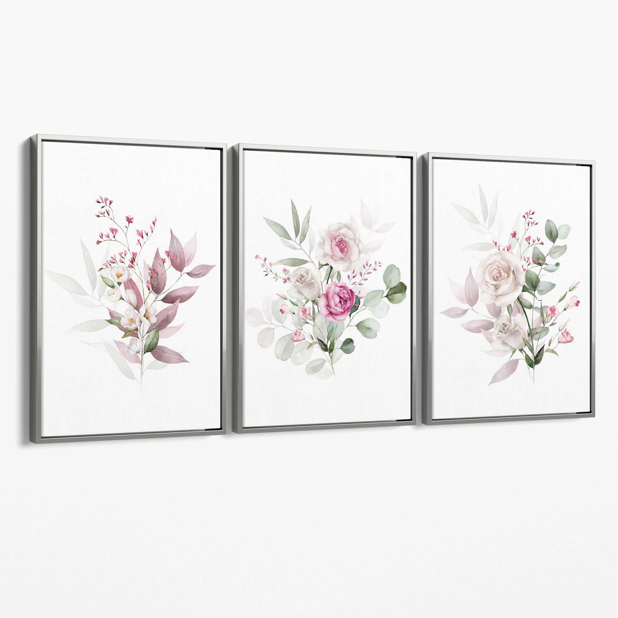 Pink Floral Bouquets Set of 3 Canvas Art Prints with Silver Float Frame