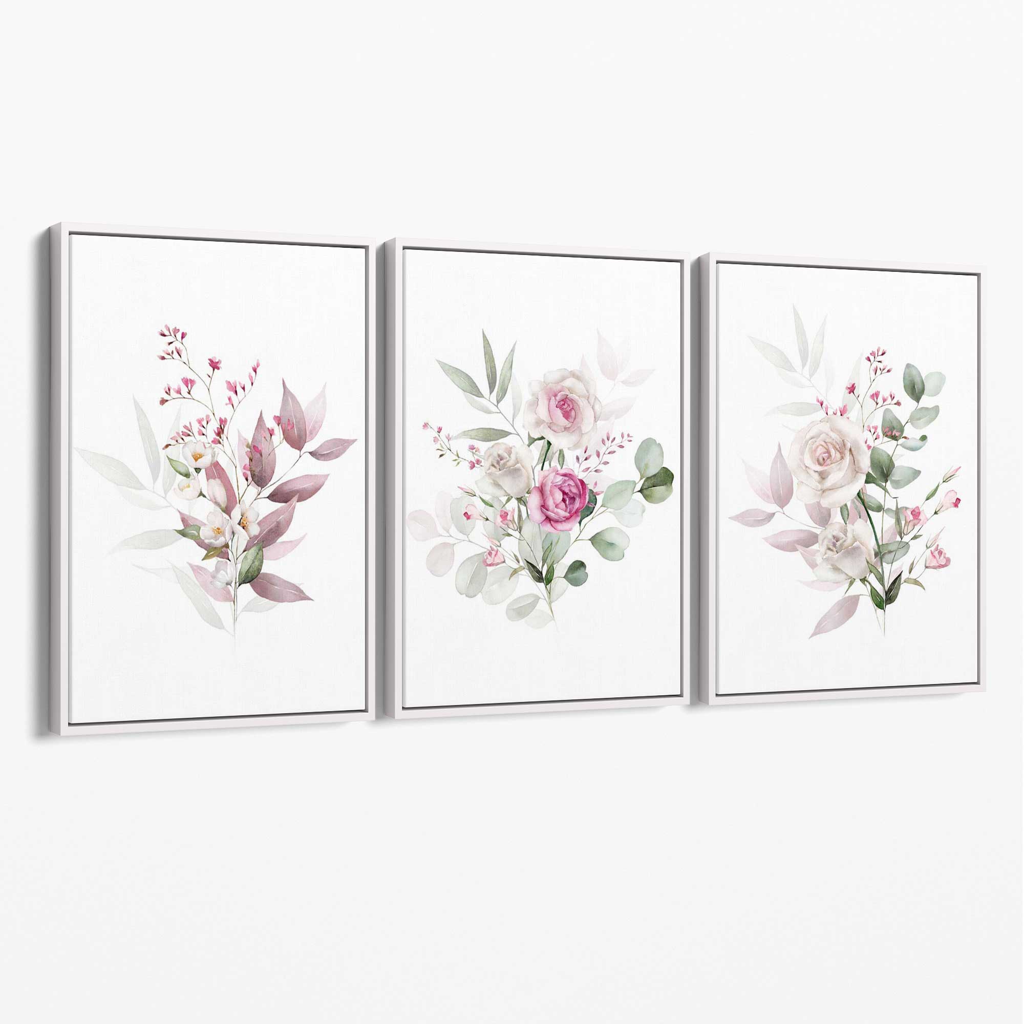 Pink Floral Bouquets Set of 3 Canvas Art Prints with White Float Frame