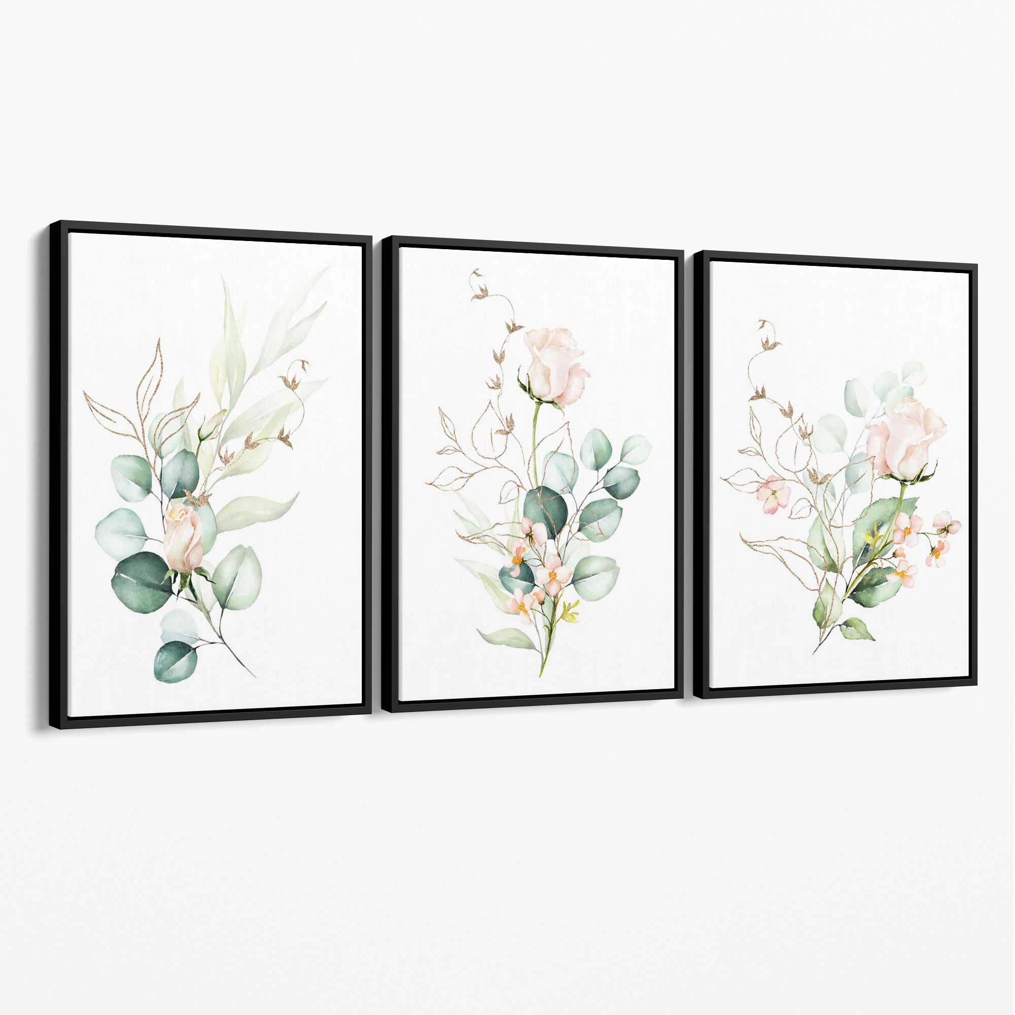 Pink Floral Roses Set of 3 Canvas Art Prints with Black Float Frame