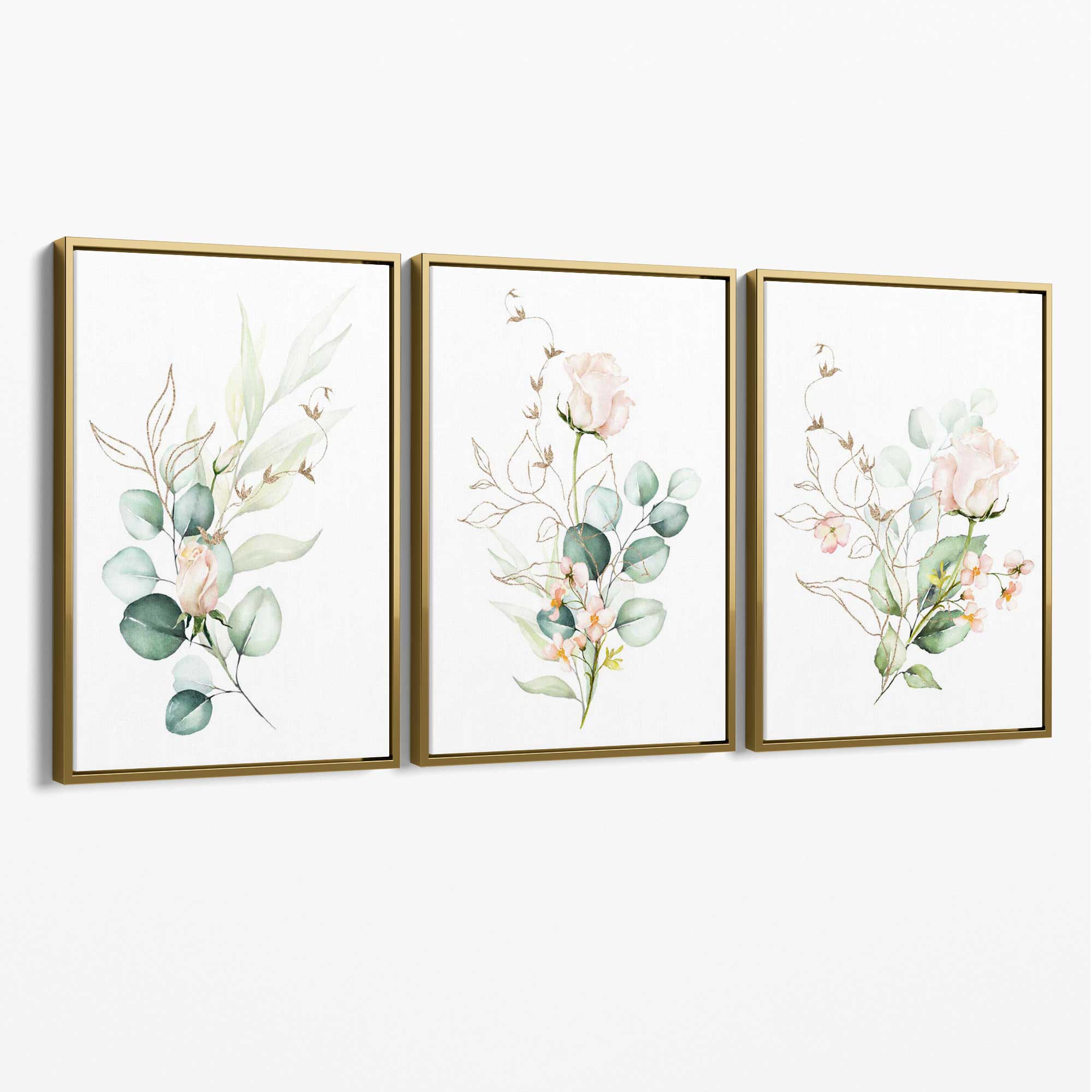 Pink Floral Roses Set of 3 Canvas Art Prints with Gold Float Frame