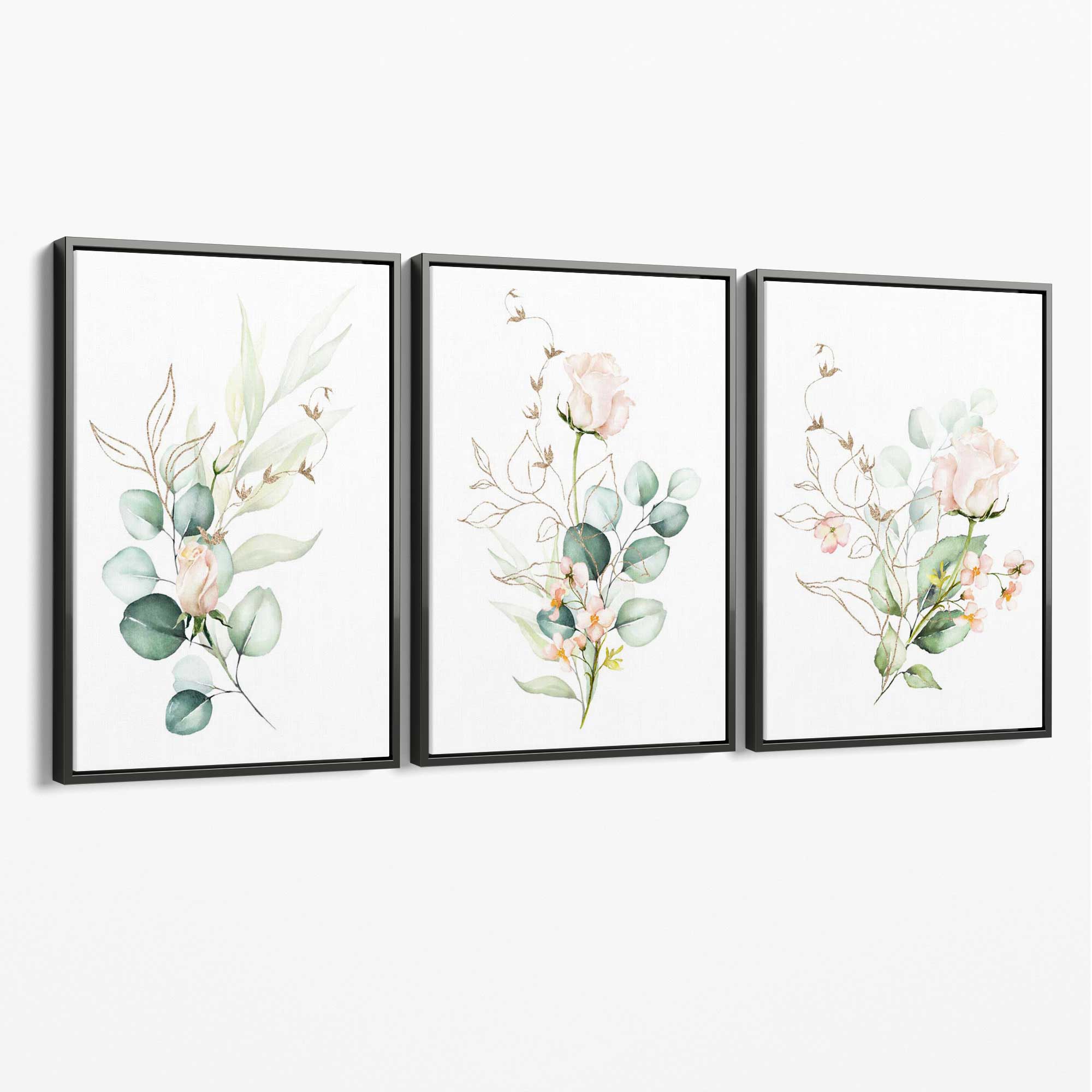 Pink Floral Roses Set of 3 Canvas Art Prints with Grey Float Frame