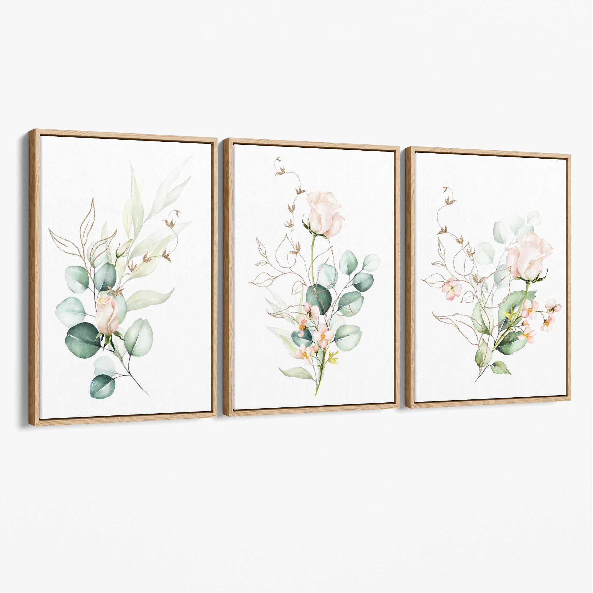 Pink Floral Roses Set of 3 Canvas Art Prints with Oak Float Frame