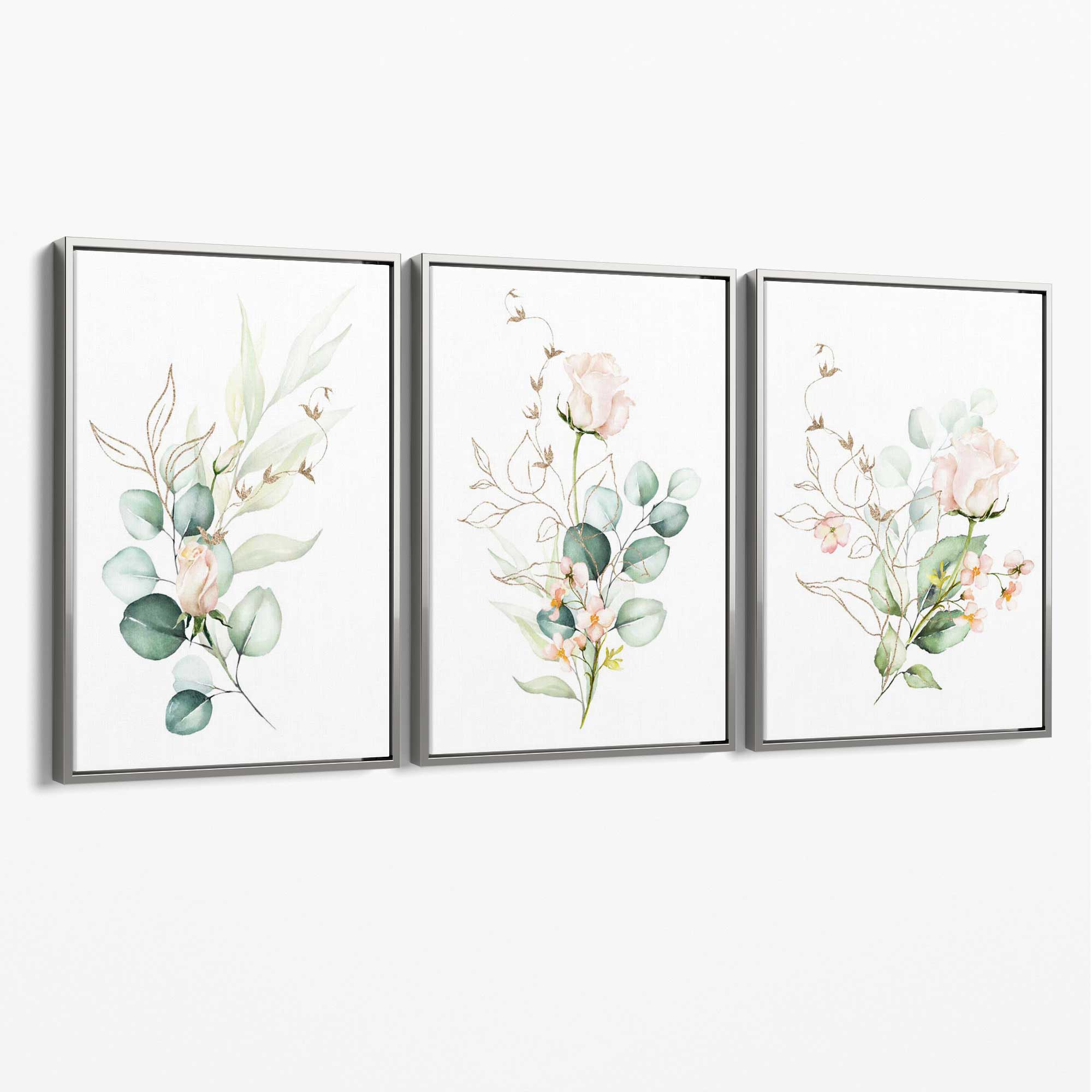 Pink Floral Roses Set of 3 Canvas Art Prints with Silver Float Frame