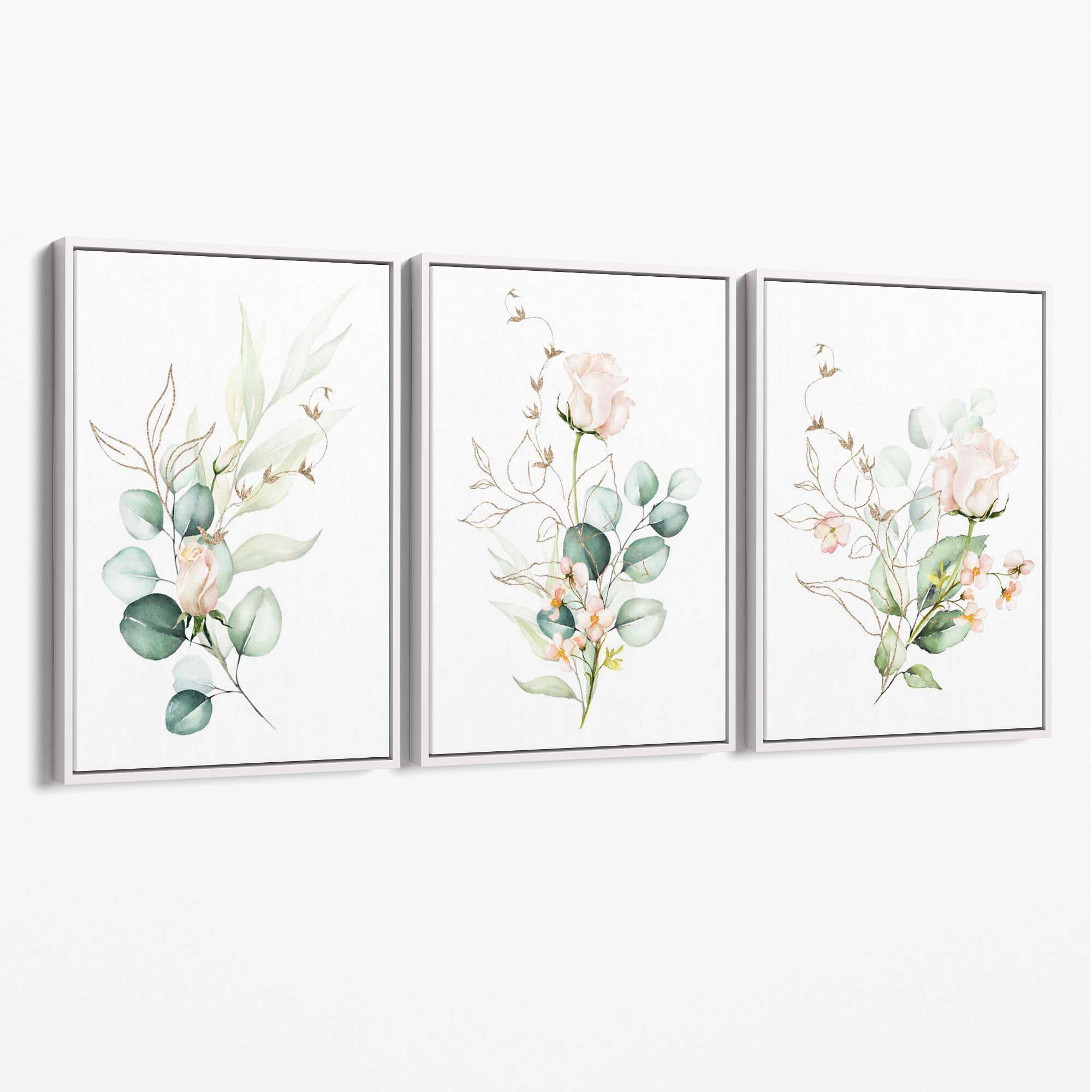 Pink Floral Roses Set of 3 Canvas Art Prints with White Float Frame