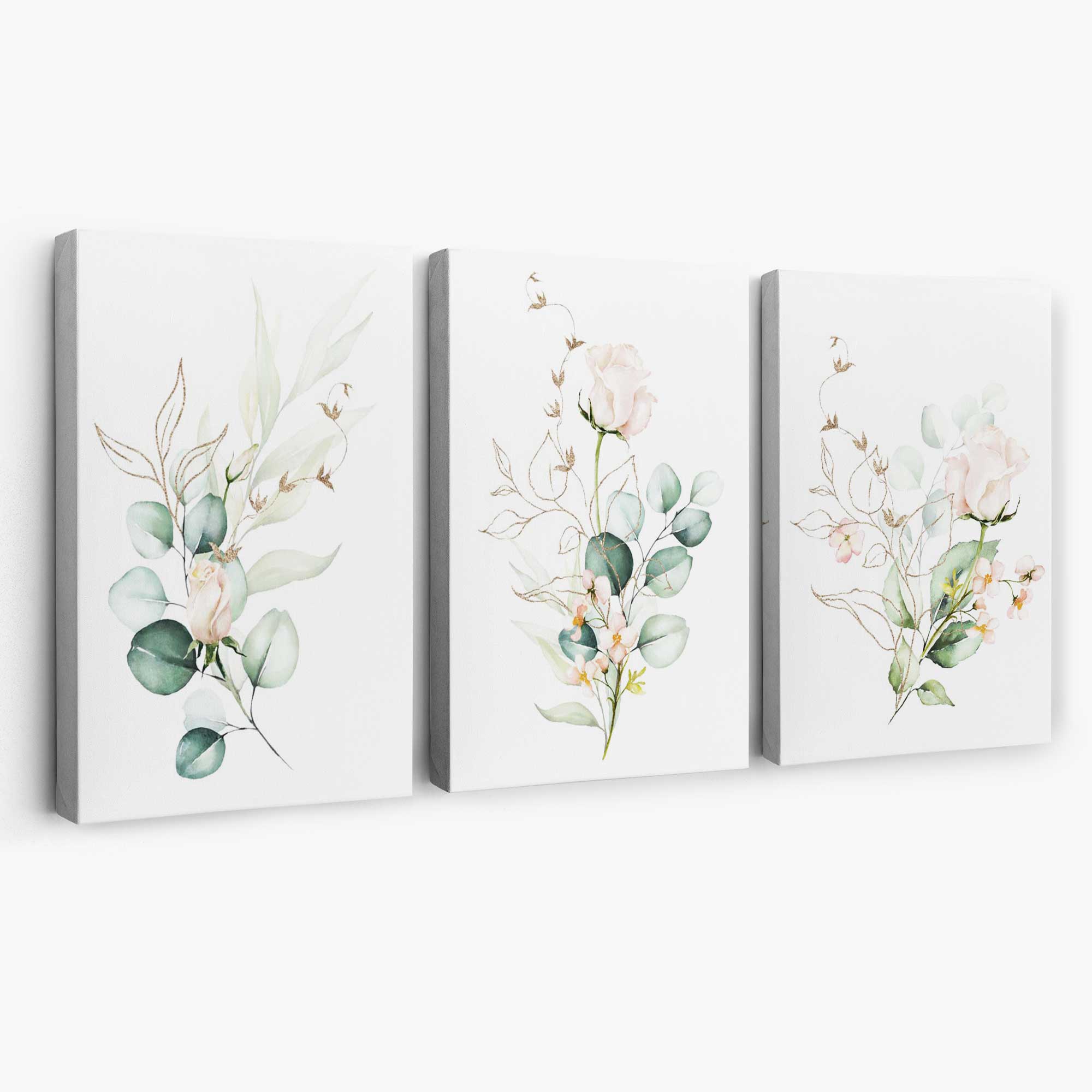 Pink Floral Roses Set of 3 Canvas Art Prints | Artze Wall Art