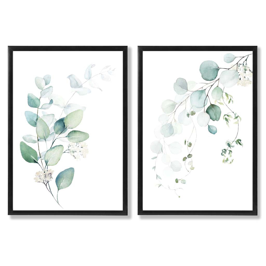 Blue Green Eucalyptus Set of 2 Art Prints with Black Frame