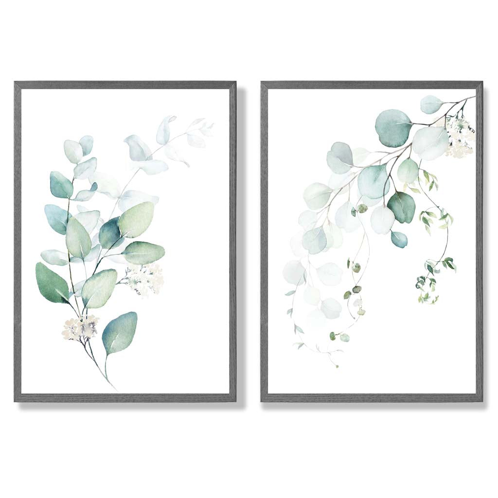 Blue Green Eucalyptus Set of 2 Art Prints with Dark Grey Frame