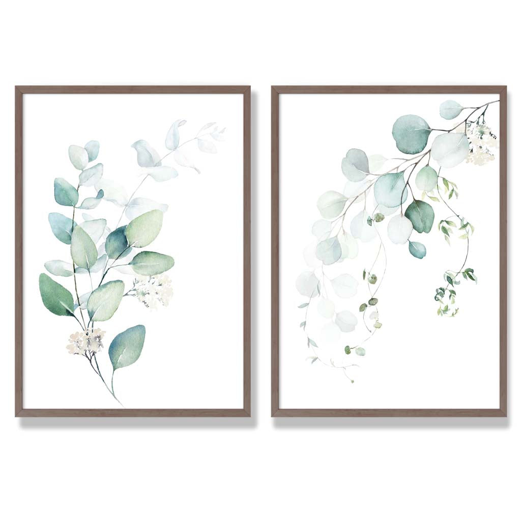 Blue Green Eucalyptus Set of 2 Art Prints with Walnut Frame