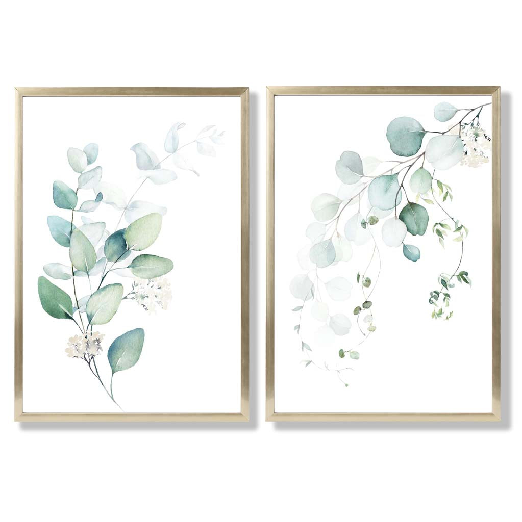 Blue Green Eucalyptus Set of 2 Art Prints with Gold Frame