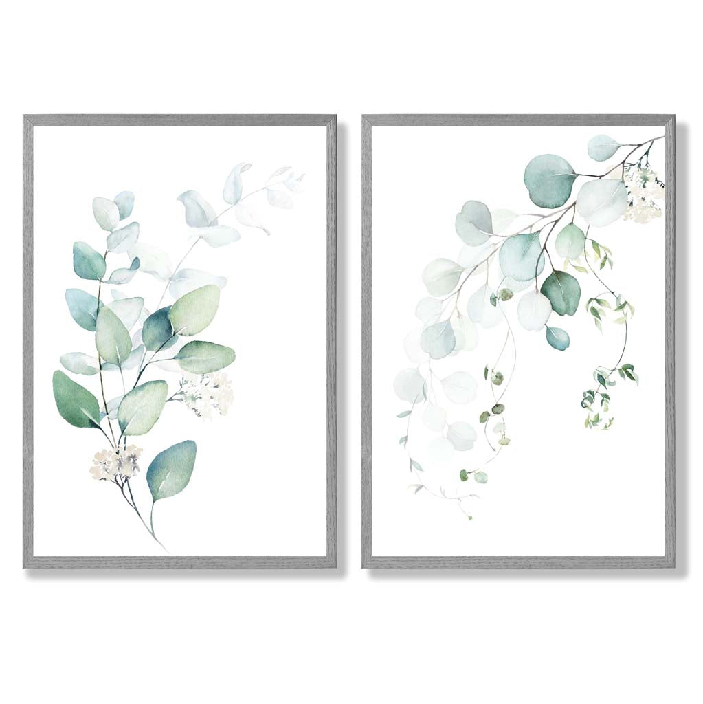 Blue Green Eucalyptus Set of 2 Art Prints with Light Grey Frame