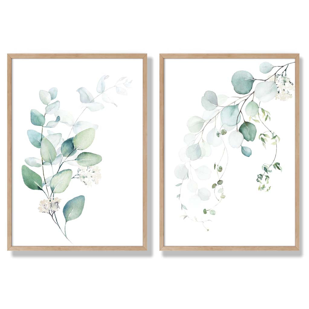 Blue Green Eucalyptus Set of 2 Art Prints with Oak Frame