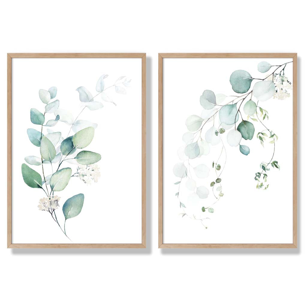 Blue Green Eucalyptus Set of 2 Art Prints with Oak Frame