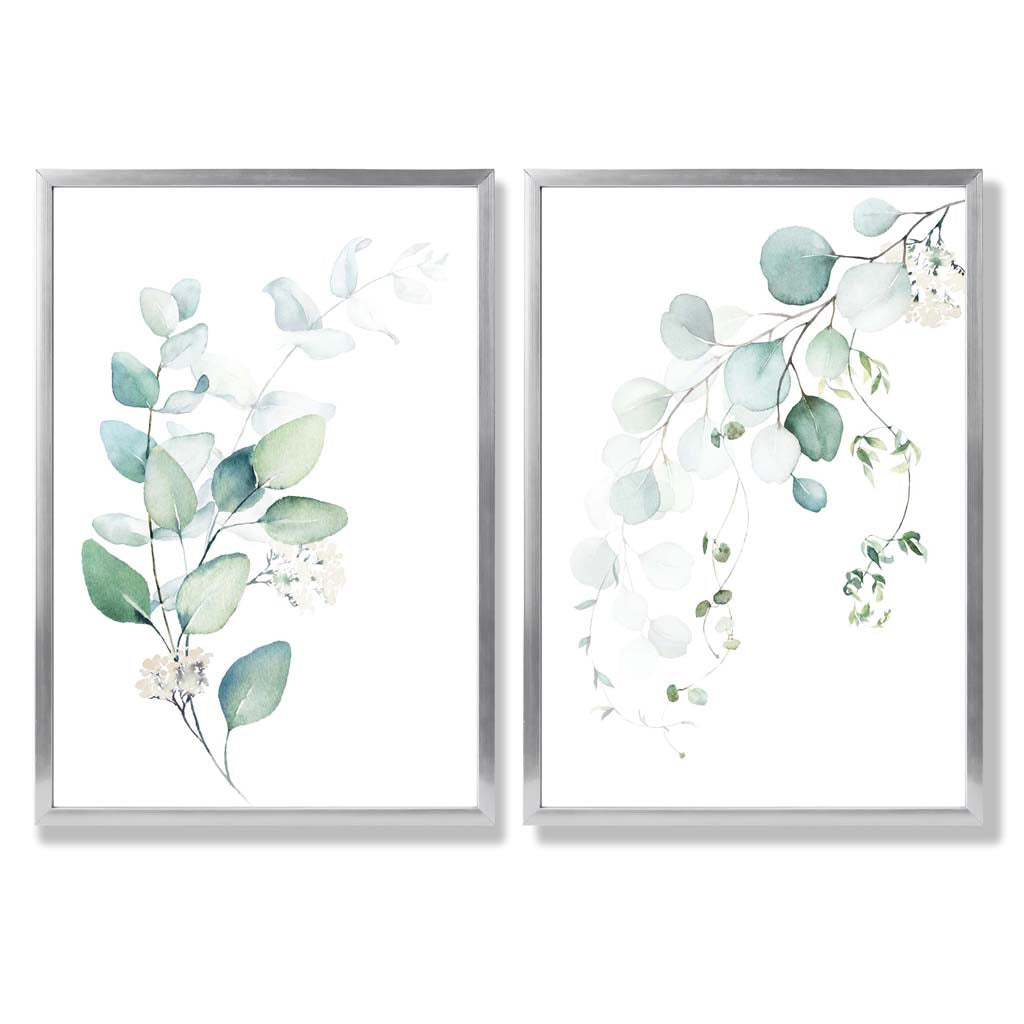 Blue Green Eucalyptus Set of 2 Art Prints with Silver Frame