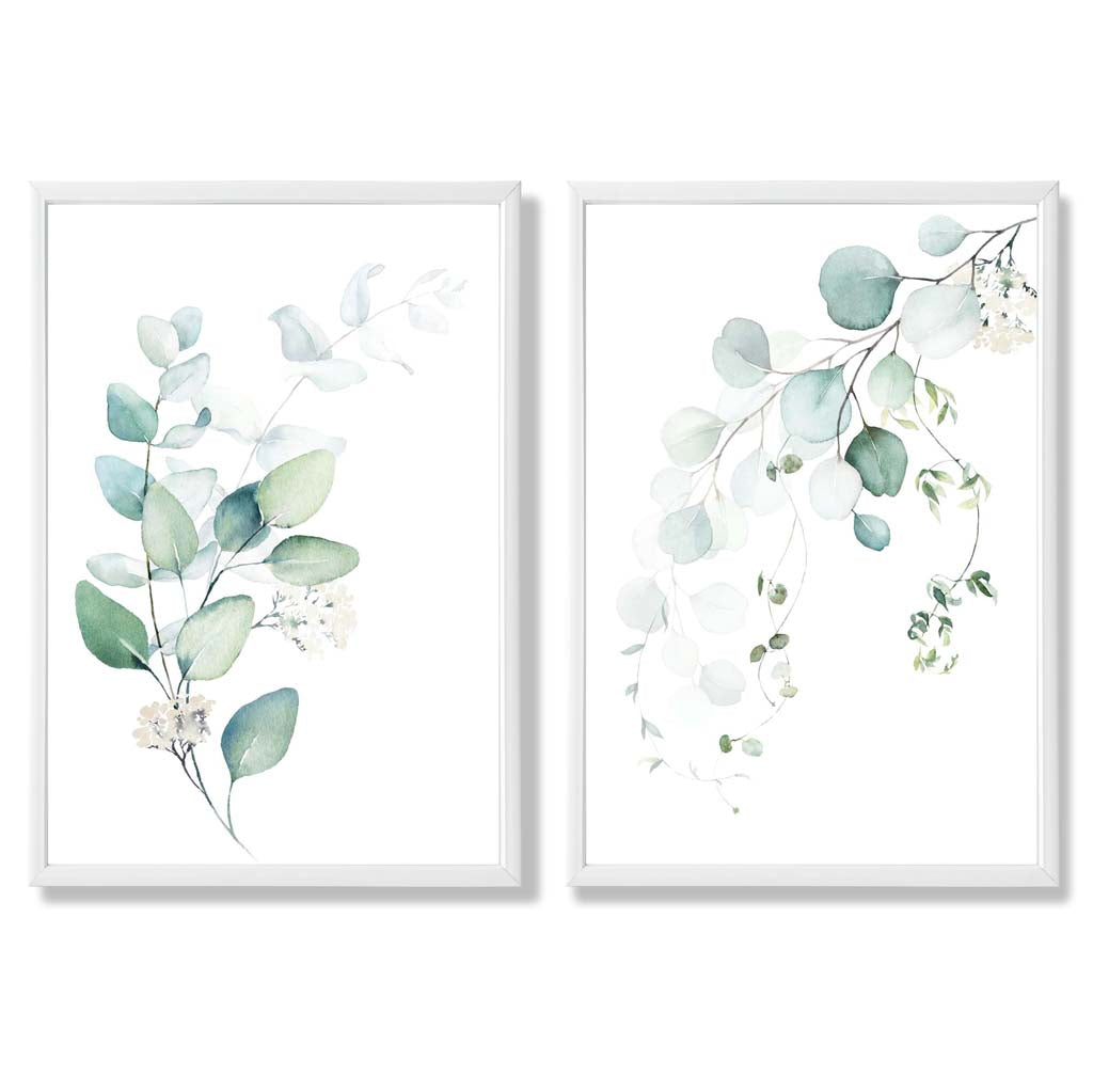 Blue Green Eucalyptus Set of 2 Art Prints with White Frame
