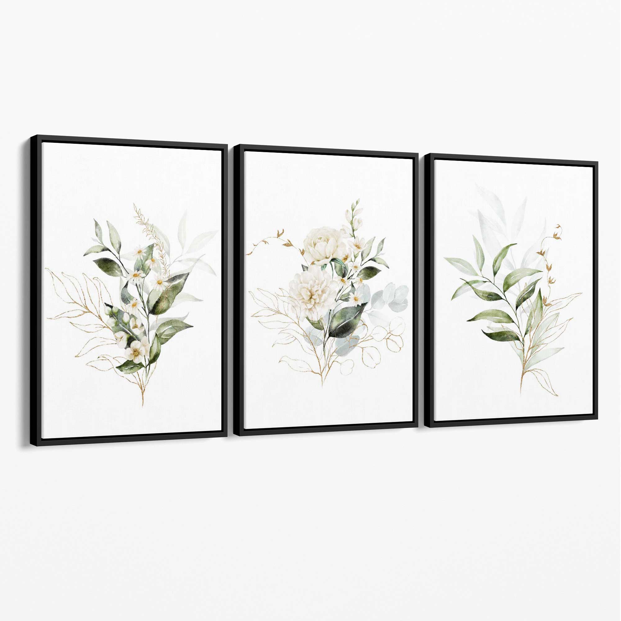 White an Green Floral Bouquets Set of 3 Canvas Art Prints with Black Float Frame