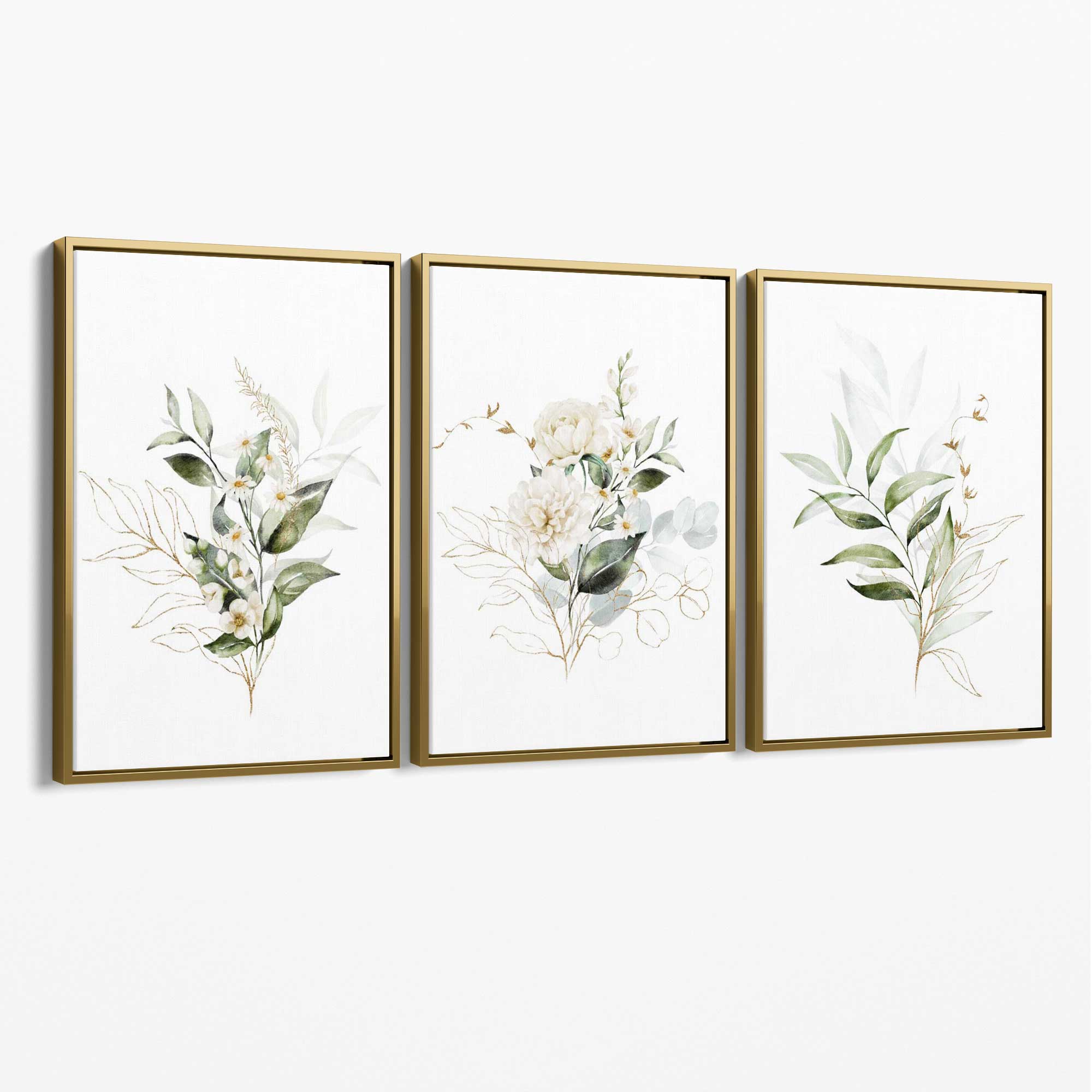 White an Green Floral Bouquets Set of 3 Canvas Art Prints with Gold Float Frame