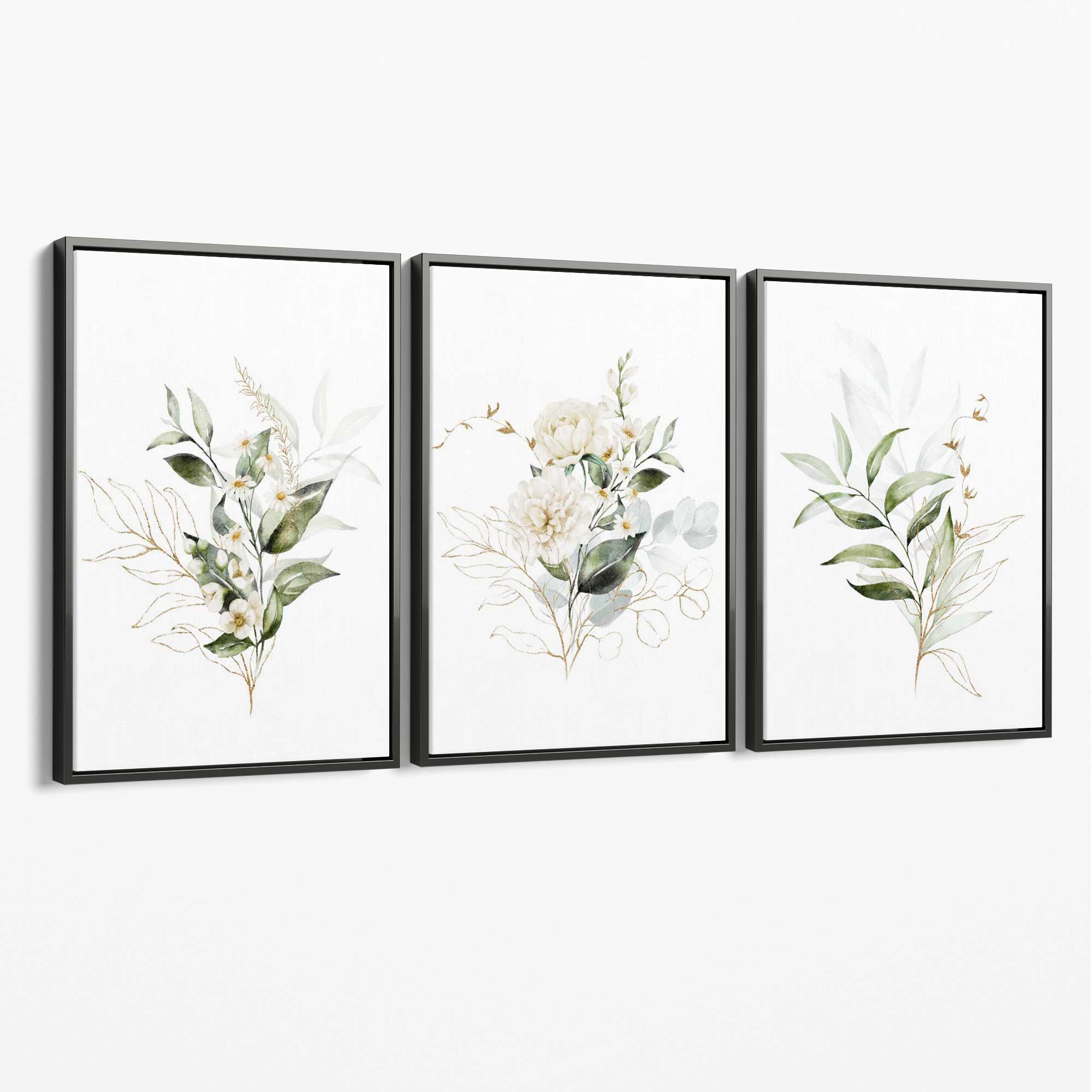 White an Green Floral Bouquets Set of 3 Canvas Art Prints with Grey Float Frame