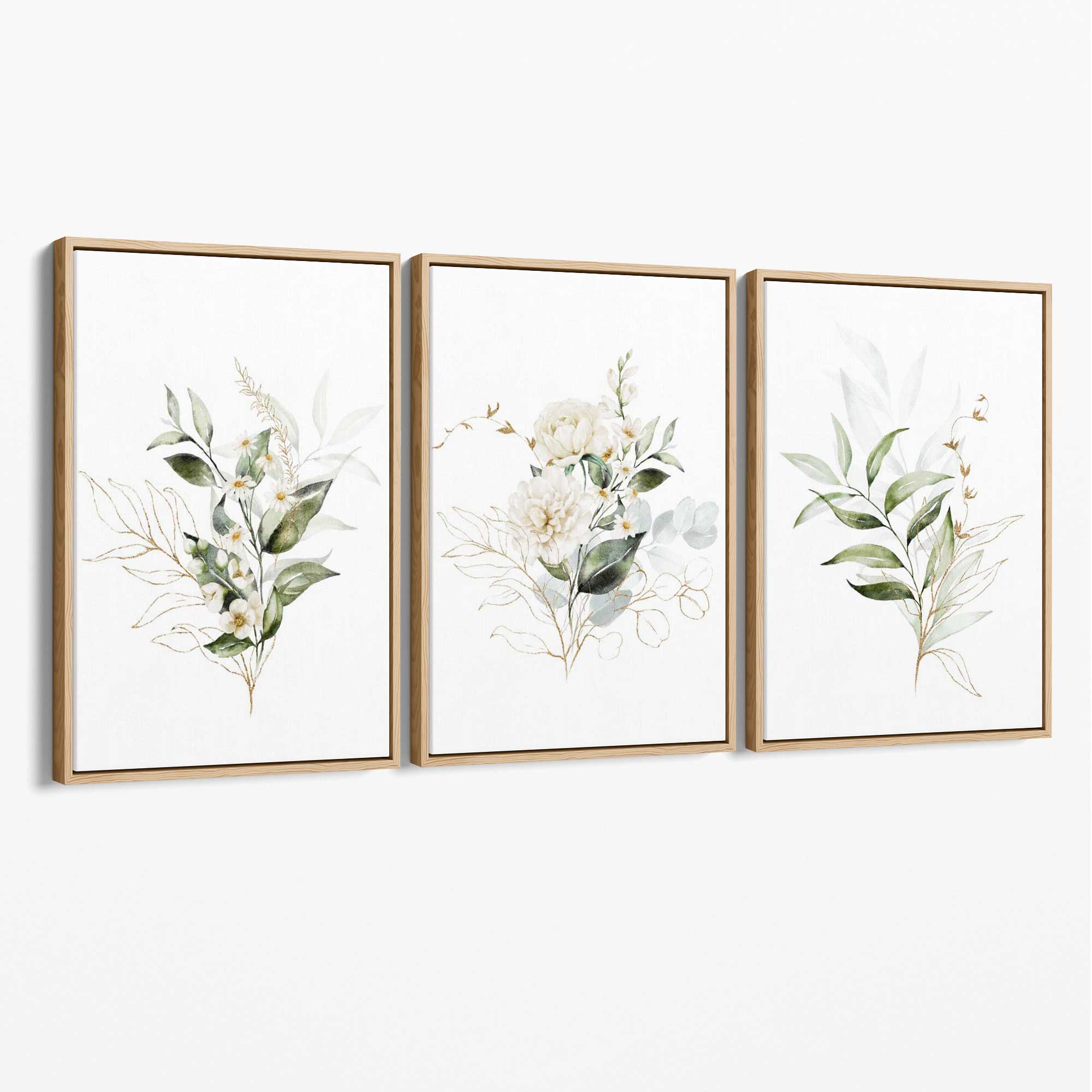 White an Green Floral Bouquets Set of 3 Canvas Art Prints with Oak Float Frame