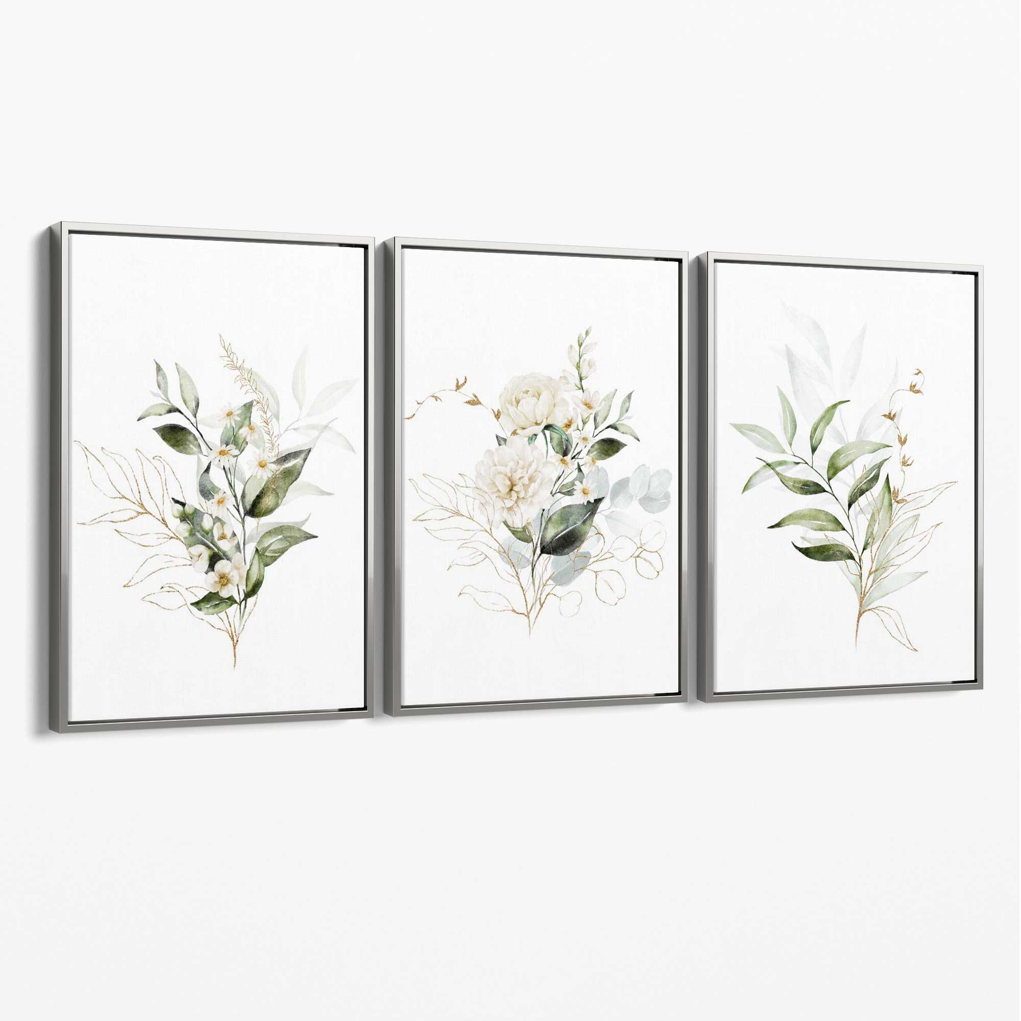 White an Green Floral Bouquets Set of 3 Canvas Art Prints with Silver Float Frame