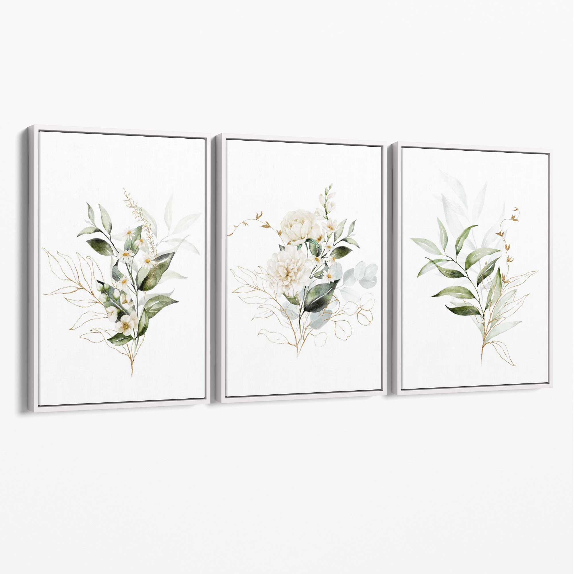 White an Green Floral Bouquets Set of 3 Canvas Art Prints with White Float Frame