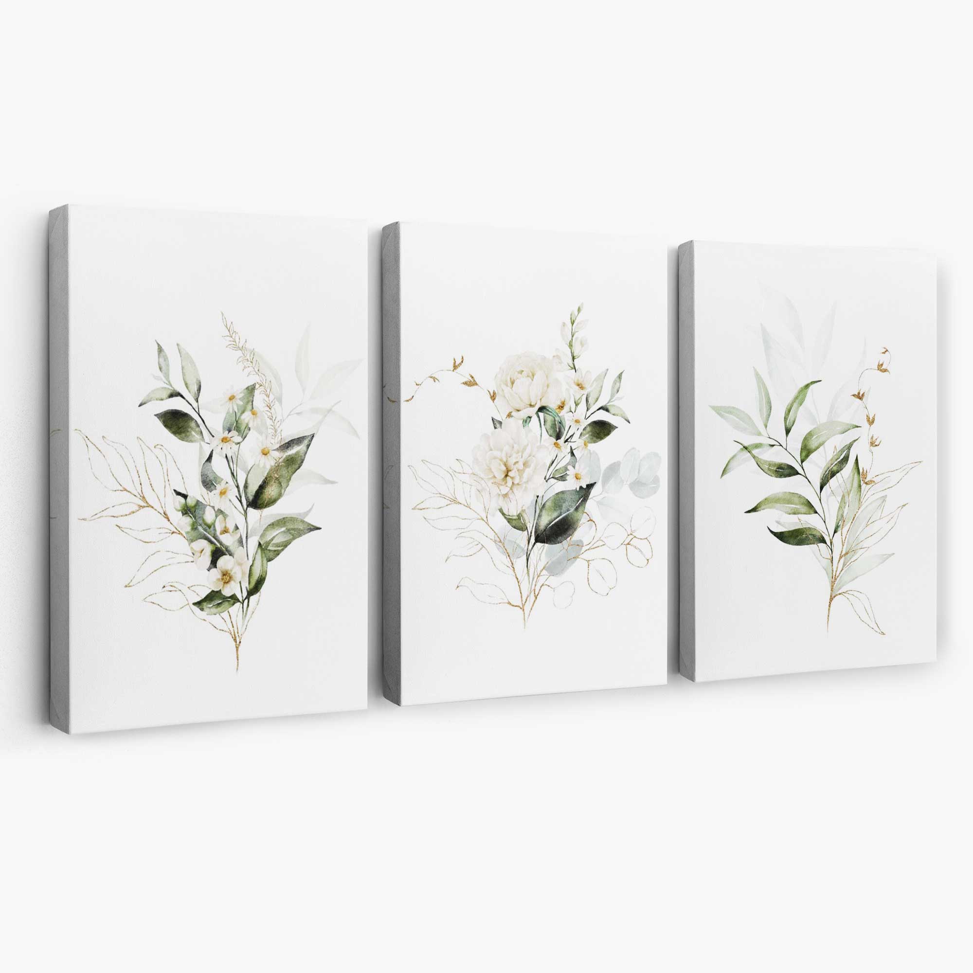 White an Green Floral Bouquets Set of 3 Canvas Art Prints | Artze Wall Art