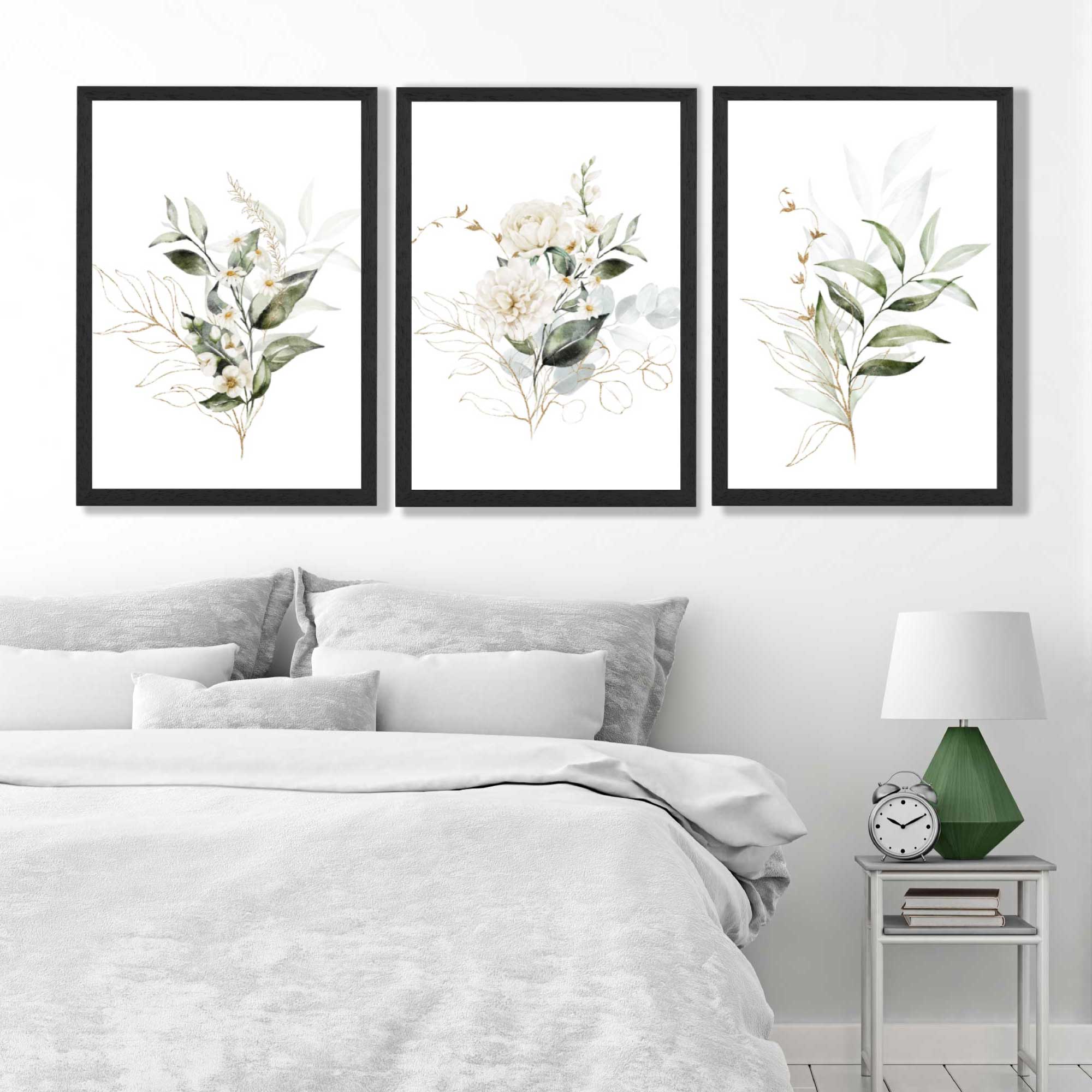 White an Green Floral Bouquets Set of 3 Art Prints in Black Frames | Artze UK