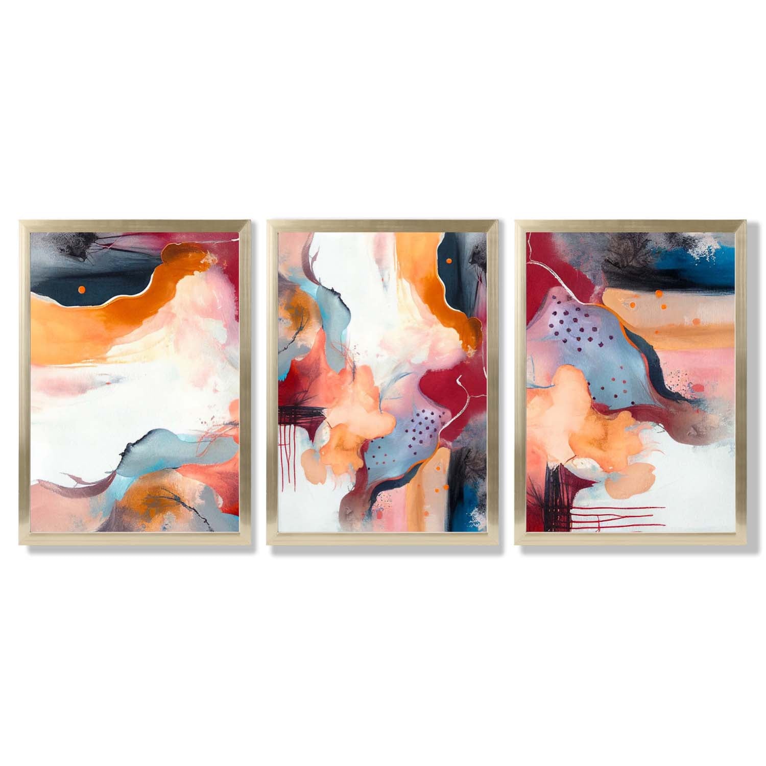 Abstract Colourful Modern Set of 3 Framed Art Prints with Gold Wood Frames