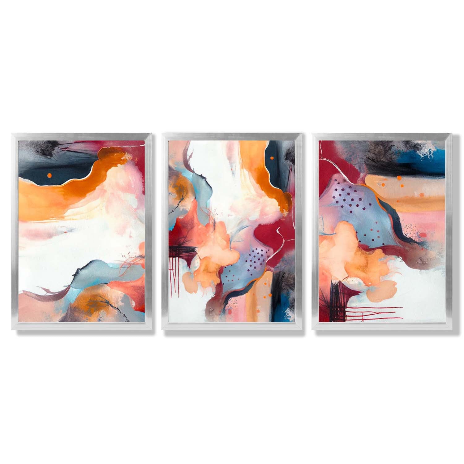 Abstract Colourful Modern Set of 3 Framed Art Prints with Silver Wood Frames