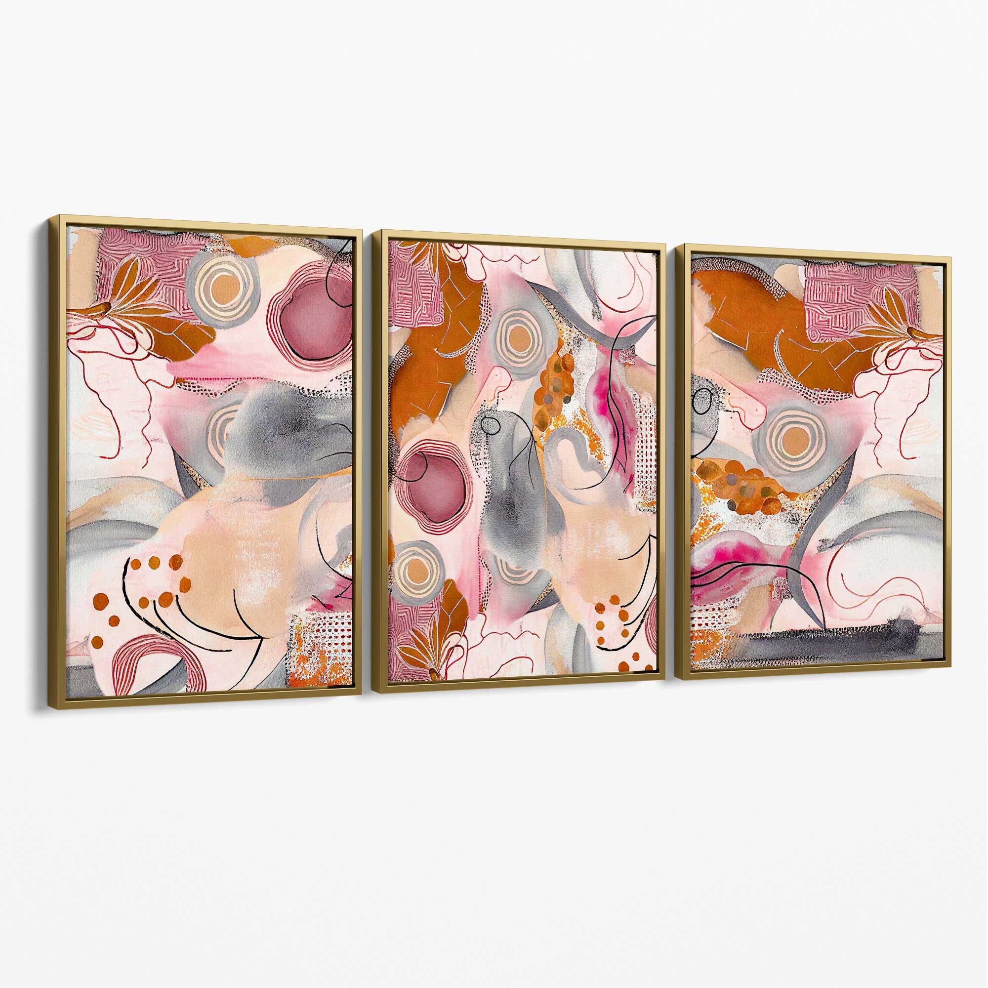 Abstract Colourful Indian Summer Set of 3 Canvas Art Prints with Gold Float Frame