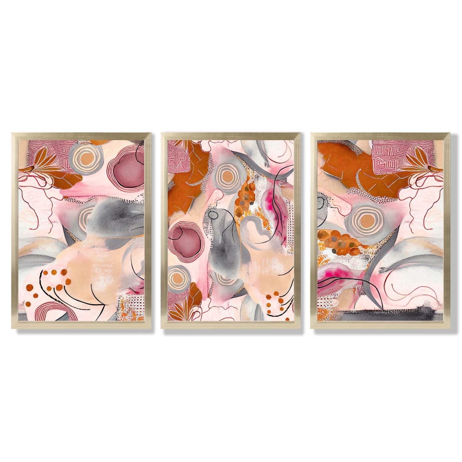 Abstract Colourful Indian Summer Set of 3 Framed Art Prints with Gold Wood Frames