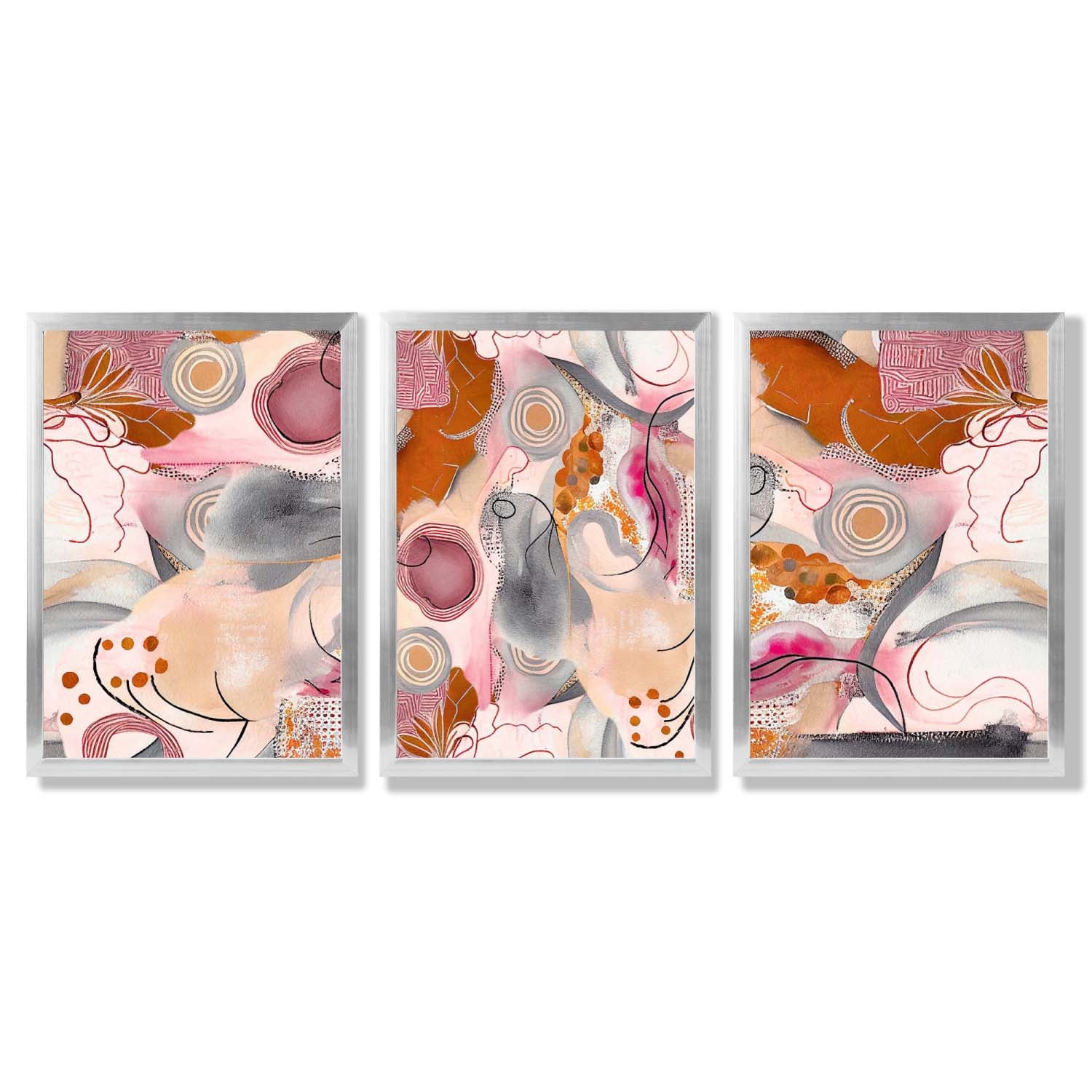 Abstract Colourful Indian Summer Set of 3 Framed Art Prints with Silver Wood Frames