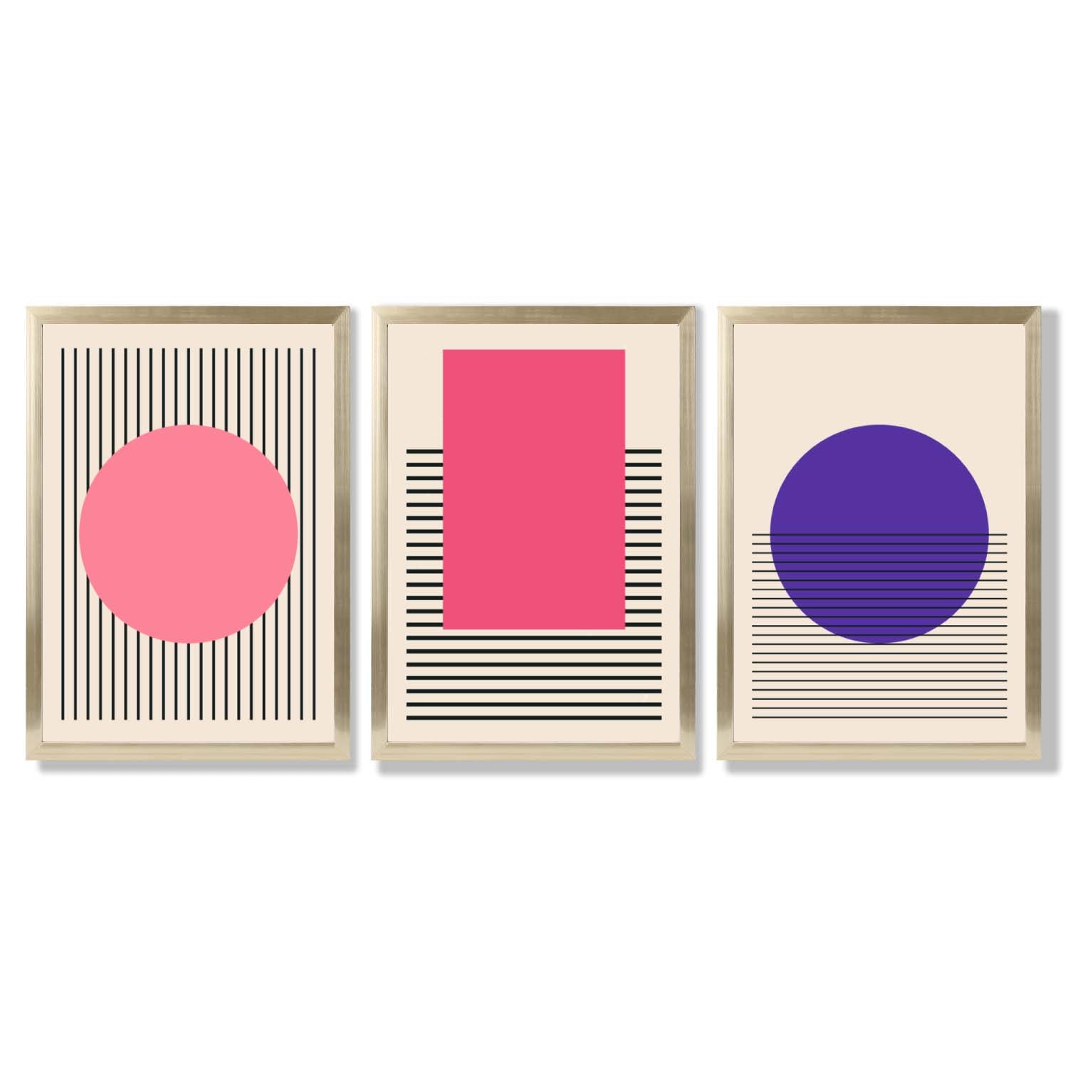 Pink and Purple Modern Geometric Shapes Set of 3 Framed Art Prints with Gold Wood Frames