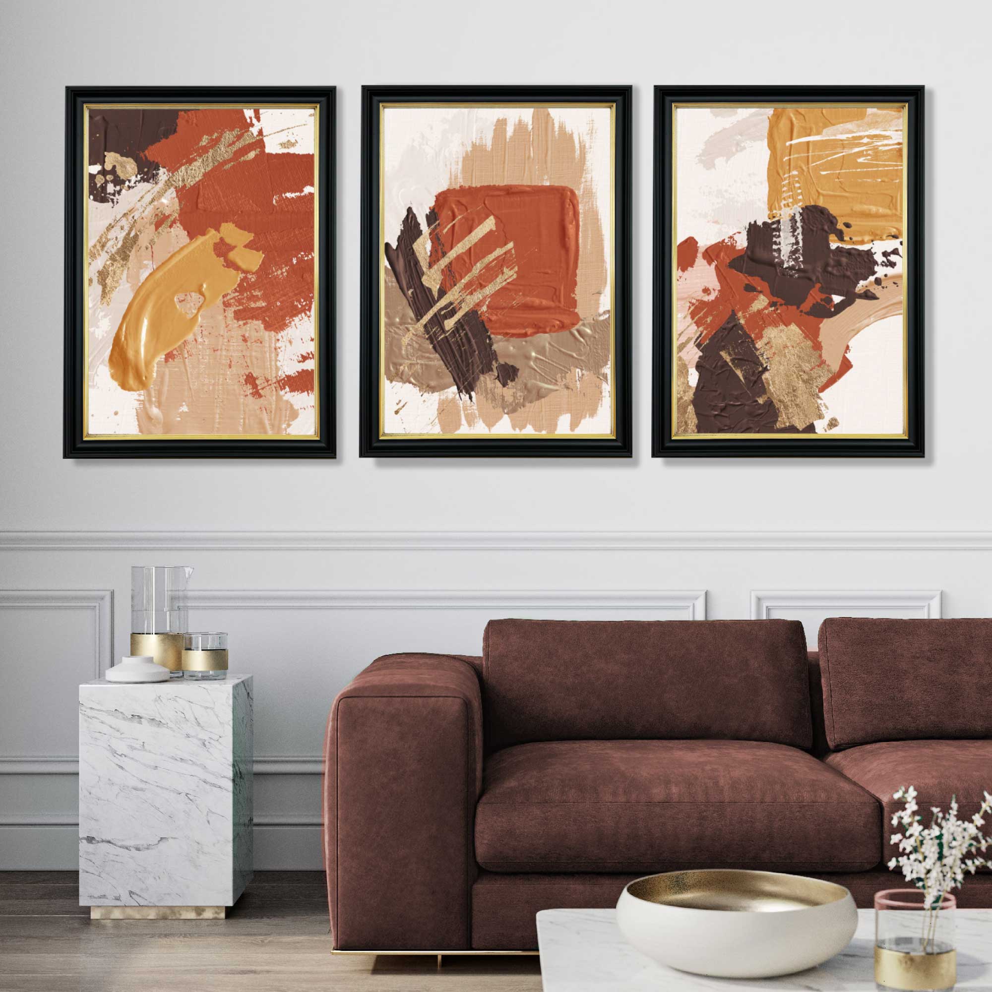 Autumnal Orange Abstract Oil Shapes Set of 3 Framed Art Prints in Luxury Frames | Artze UK