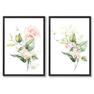 Pink Flowers with Gold Leaves Set of 2 Art Prints with Black Frame