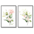 Pink Flowers with Gold Leaves Set of 2 Art Prints with Dark Grey Frame