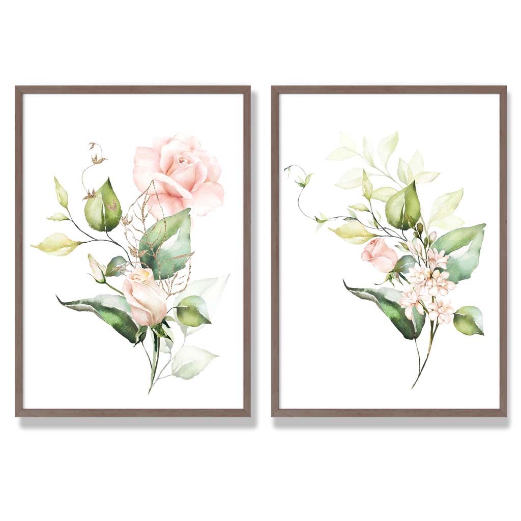 Pink Flowers with Gold Leaves Set of 2 Art Prints with Walnut Frame