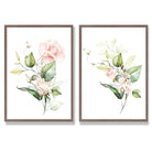 Pink Flowers with Gold Leaves Set of 2 Art Prints with Walnut Frame