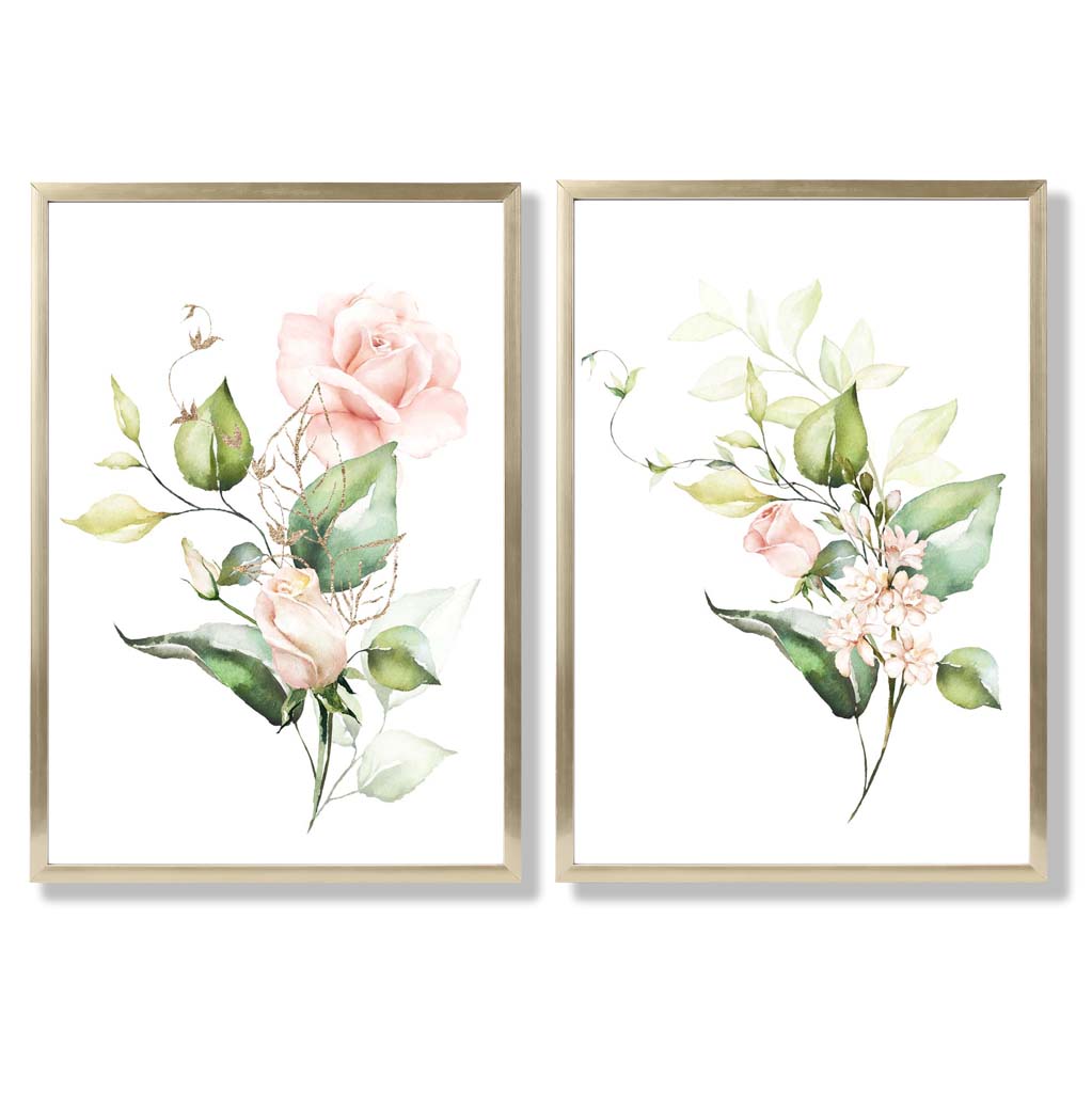 Pink Flowers with Gold Leaves Set of 2 Art Prints with Gold Frame