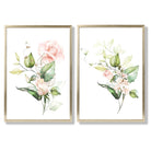 Pink Flowers with Gold Leaves Set of 2 Art Prints with Gold Frame