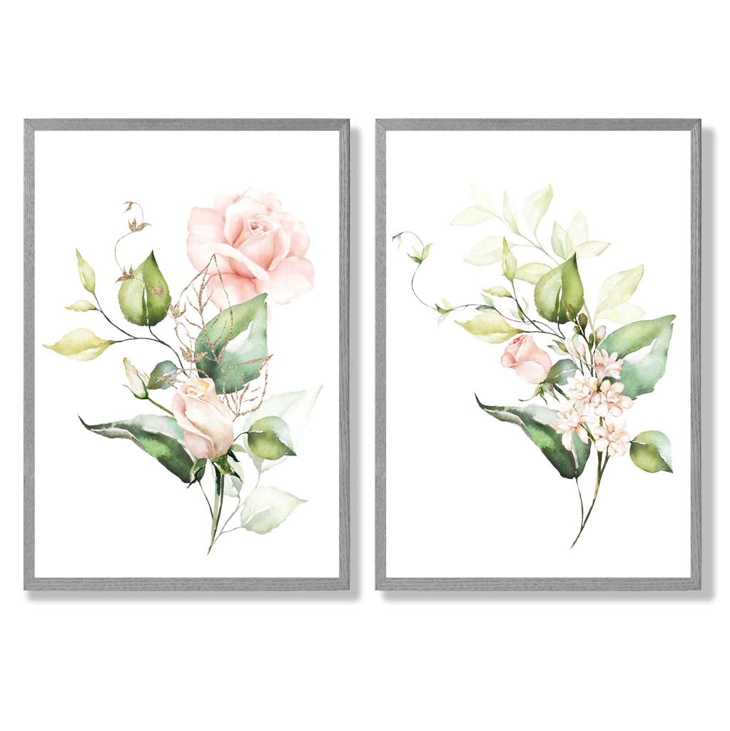 Pink Flowers with Gold Leaves Set of 2 Art Prints with Light Grey Frame
