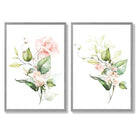 Pink Flowers with Gold Leaves Set of 2 Art Prints with Light Grey Frame