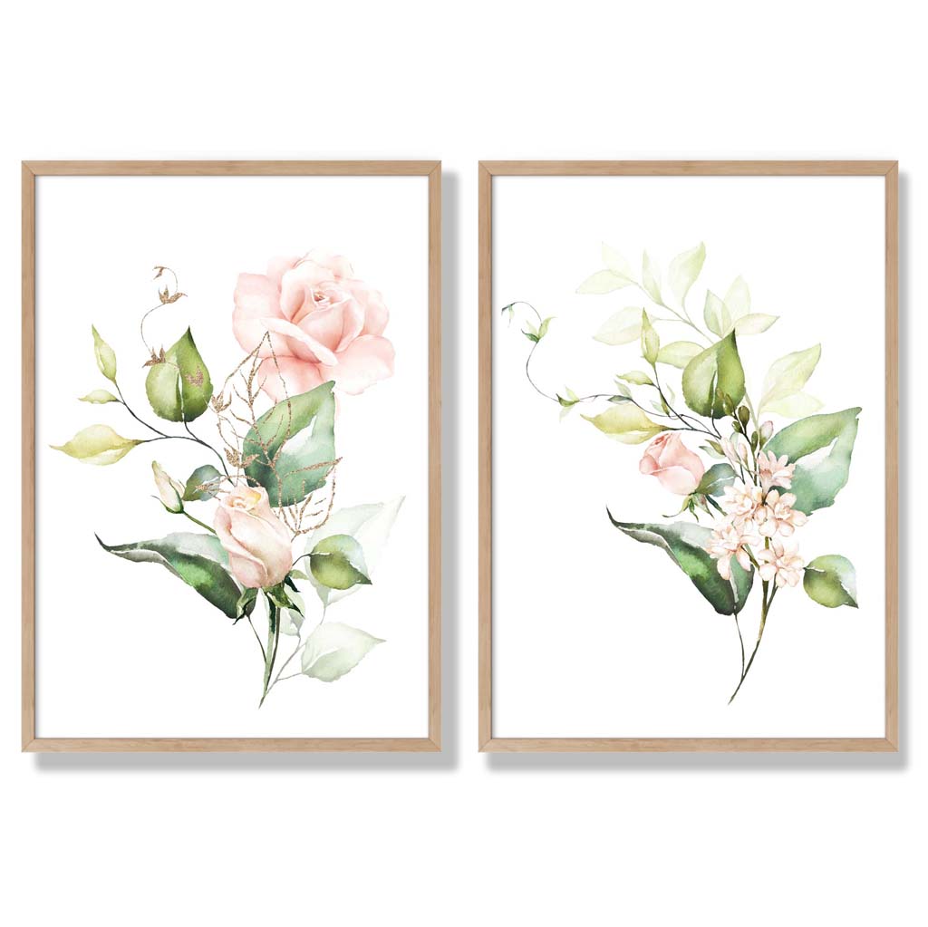 Pink Flowers with Gold Leaves Set of 2 Art Prints with Oak Frame