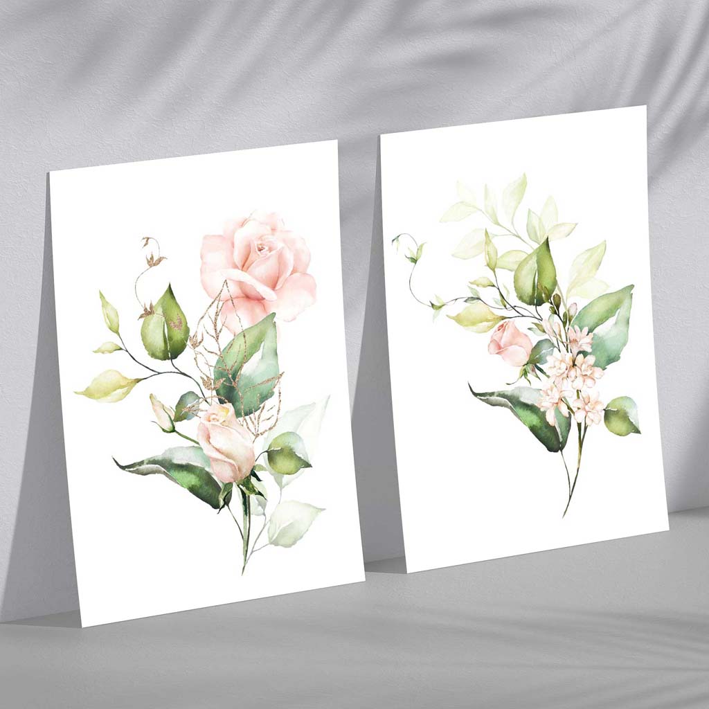 Pink Flowers with Gold Leaves Set of 2 Art Prints
