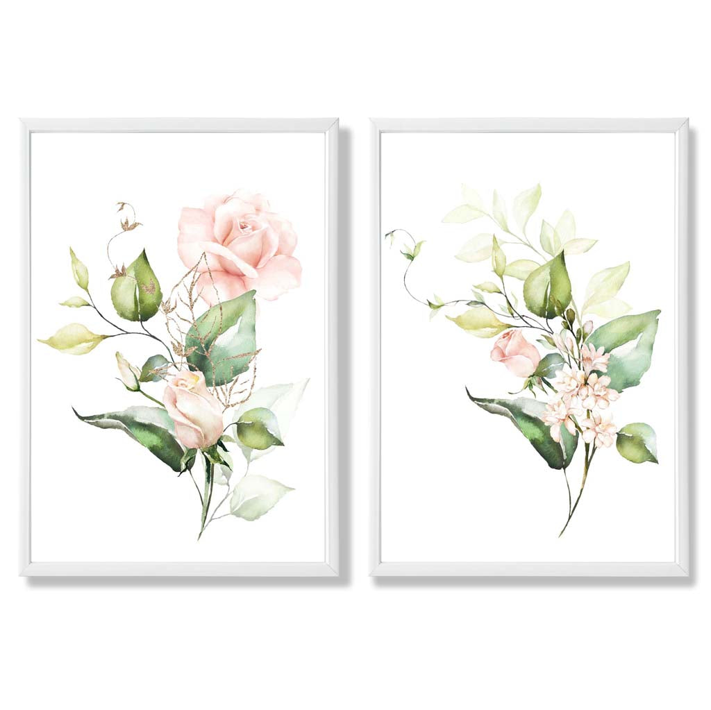 Pink Flowers with Gold Leaves Set of 2 Art Prints with White Frame