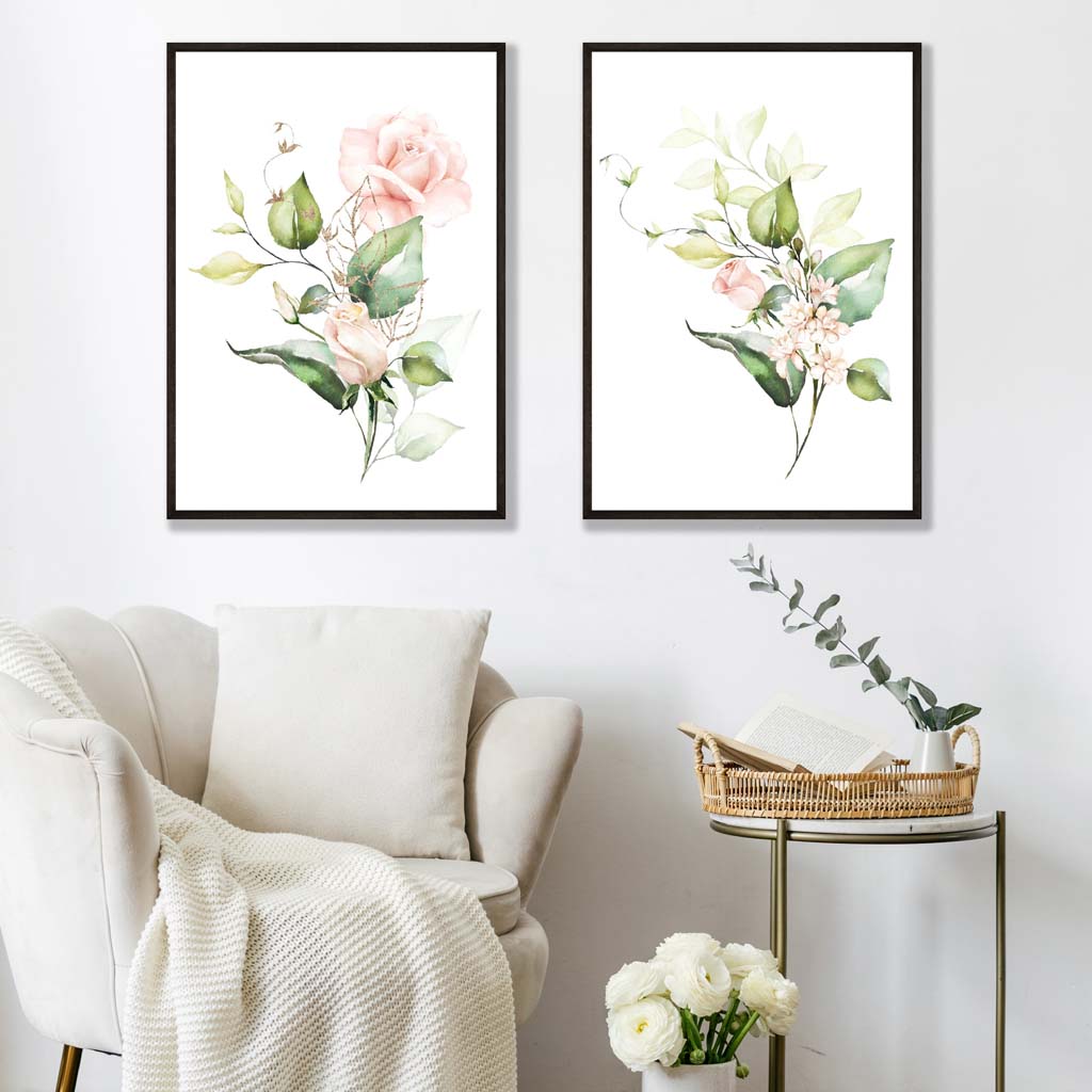 Pink Flowers with Gold Leaves Art Prints Set | Artze Wall Art UK