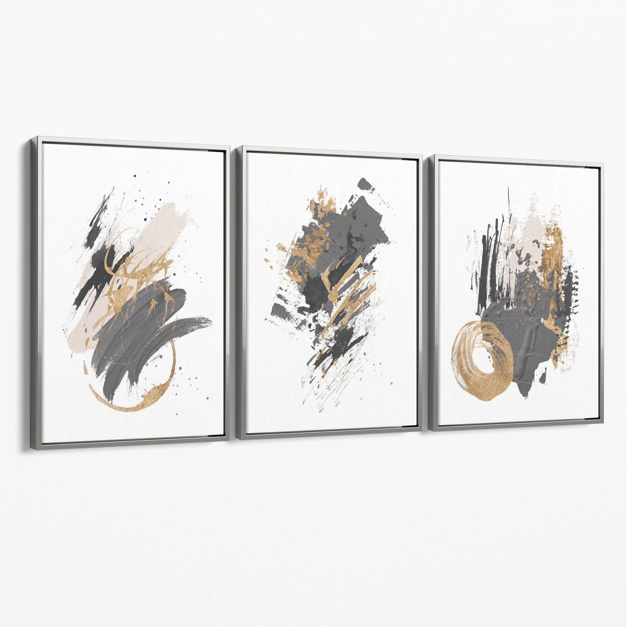Grey and Gold Abstract Oil Shapes Set of 3 Canvas Art Prints with Silver Float Frame