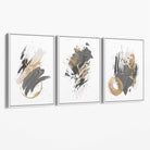 Grey and Gold Abstract Oil Shapes Set of 3 Canvas Art Prints with White Float Frame