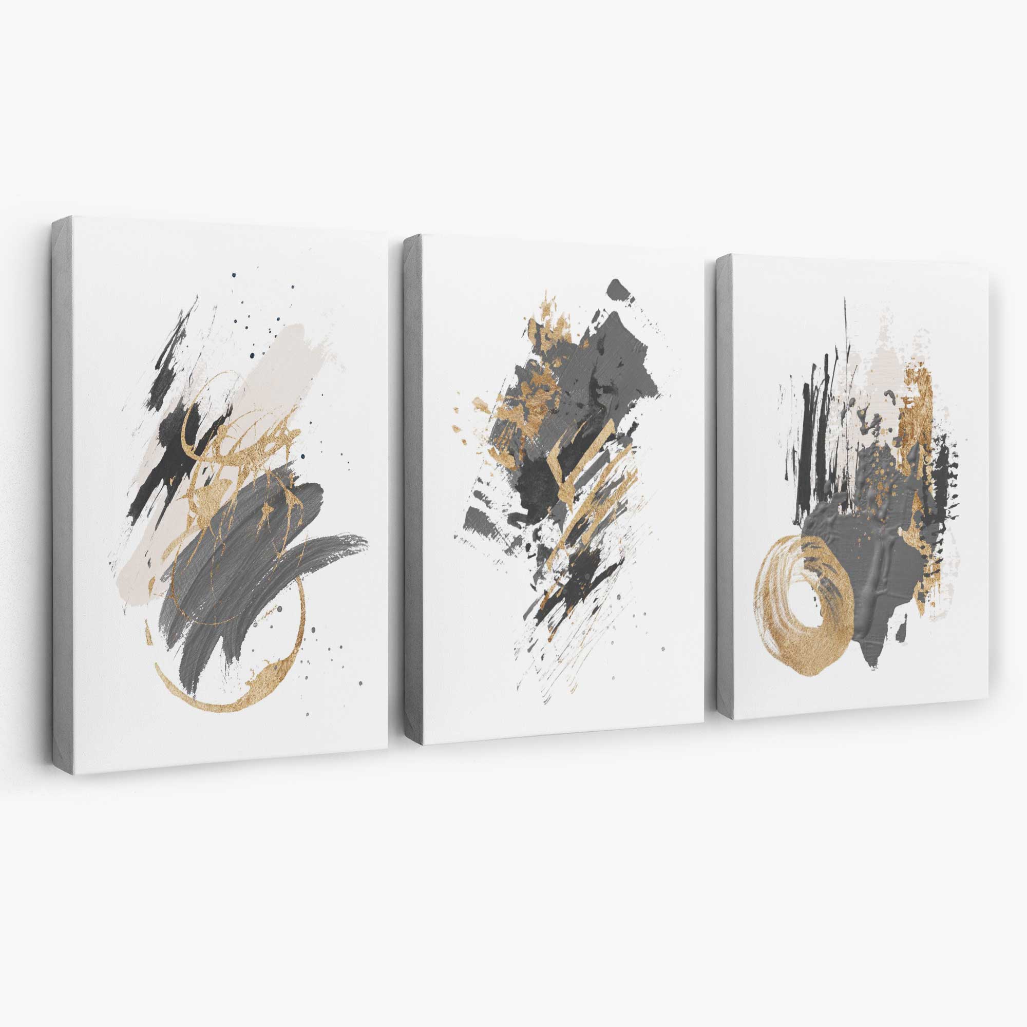 Grey and Gold Abstract Oil Shapes Set of 3 Canvas Art Prints | Artze Wall Art