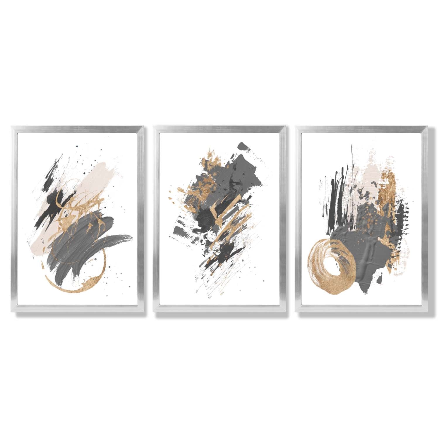 Grey and Gold Abstract Oil Shapes Set of 3 Framed Art Prints with Silver Wood Frames