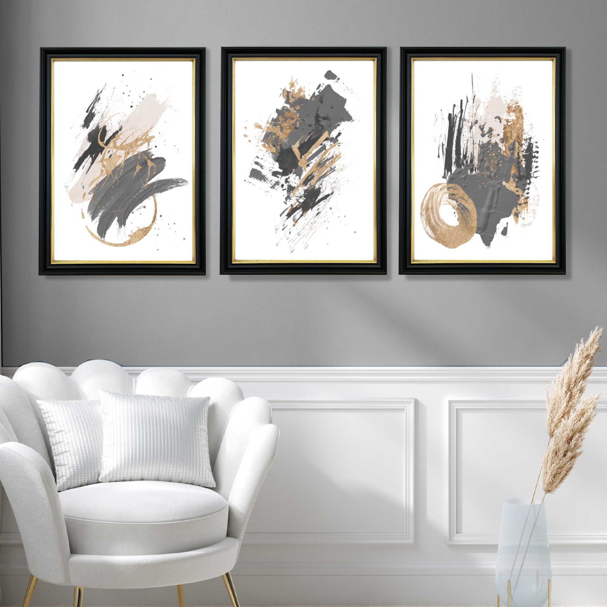 Grey and Gold Abstract Oil Shapes Set of 3 Art Prints in Luxury Frames | Artze UK